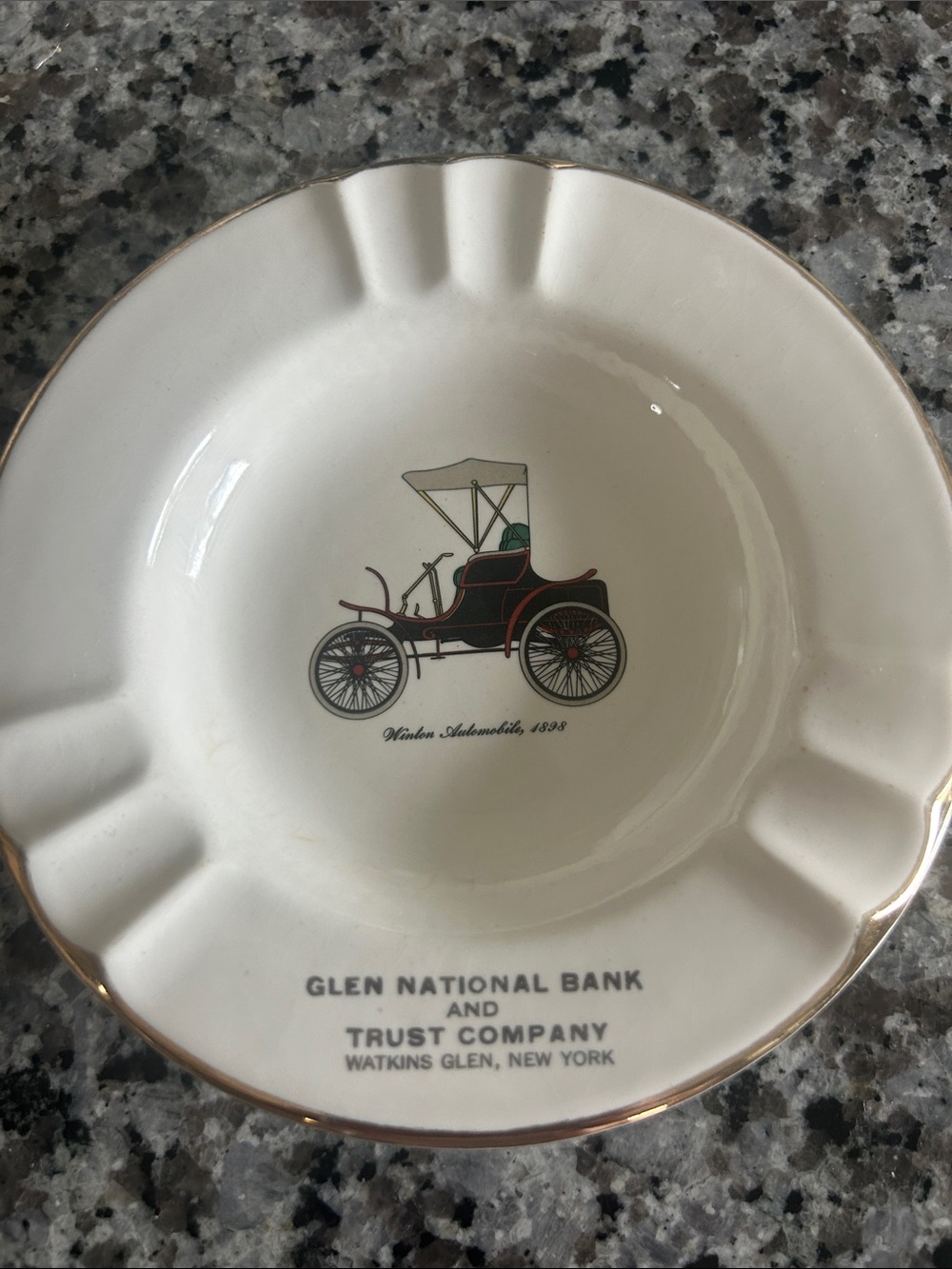 Glen National Bank Vintage Automobile Ceramic Dish - Cream with 22k Gold Trim
